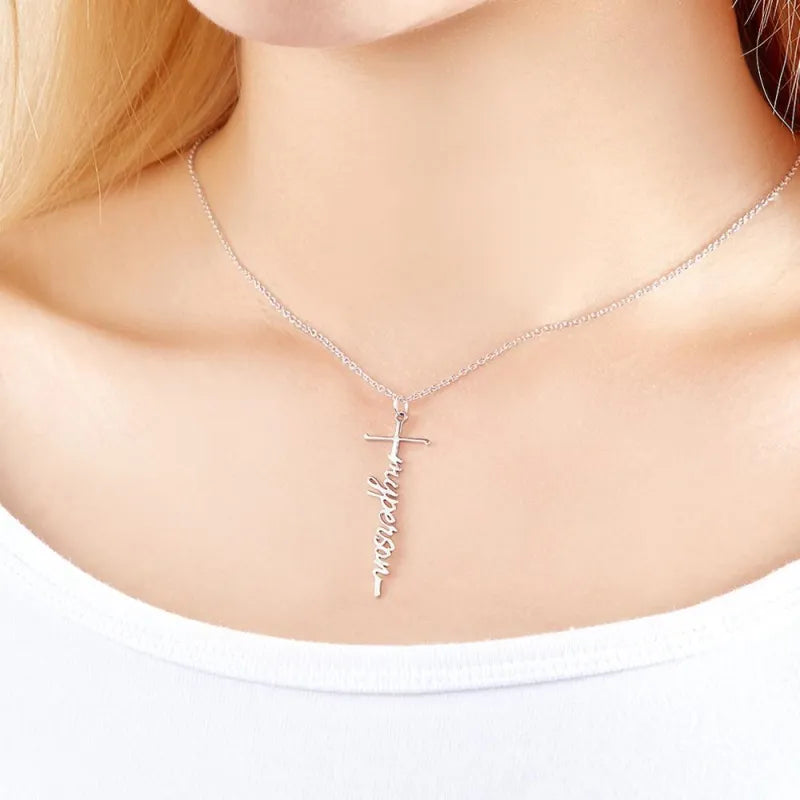 Custom Name Necklace Cross Squiggly Lettering Birthday Gift For Her