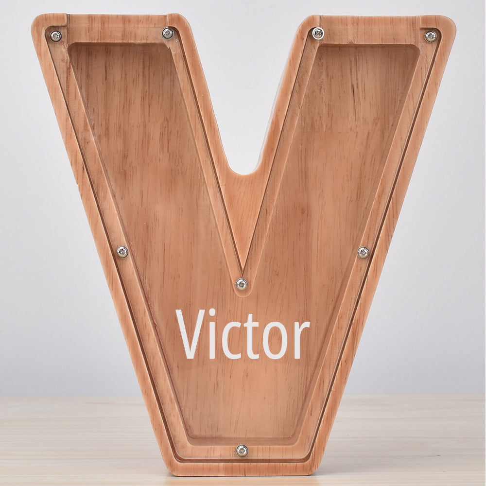 Custom Engraved Name Oak Wooden Letter Piggy Bank
