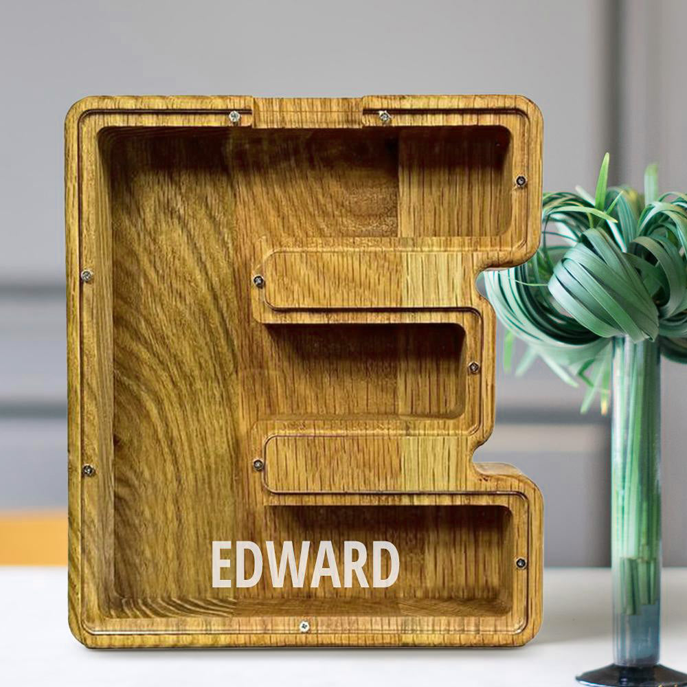 Personalized 26 Letters Piggy Bank Custom Name Wooden Money Box - Tung Wood