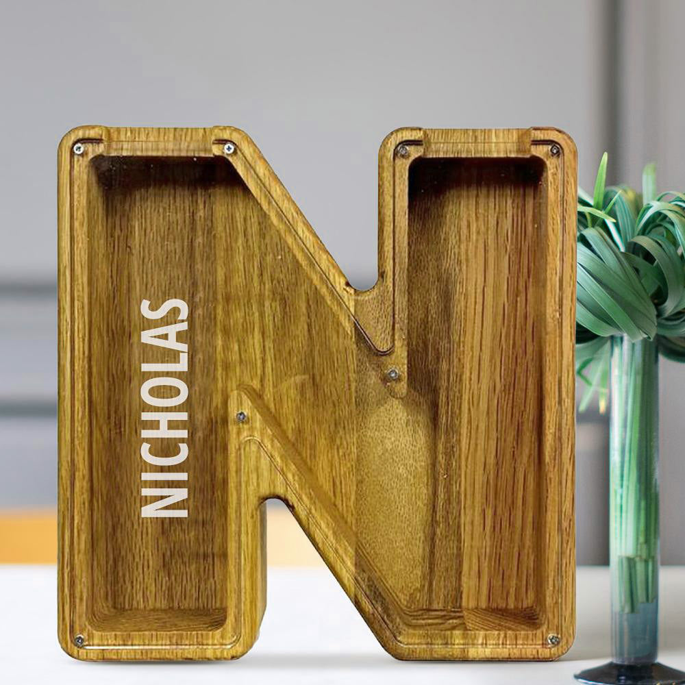 Personalized 26 Letters Piggy Bank Custom Name Wooden Money Box - Tung Wood