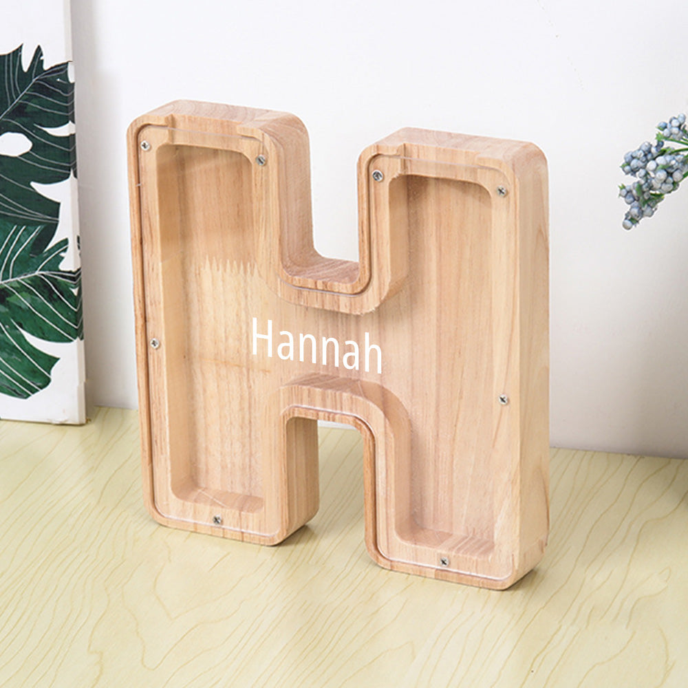 Personalized 26 Letters Piggy Bank Custom Name Wooden Money Box