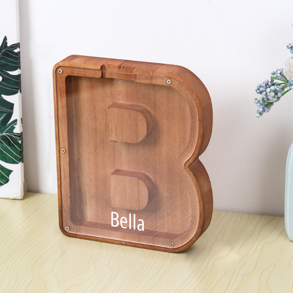 Personalized 26 Letters Piggy Bank Custom Name Wooden Money Box