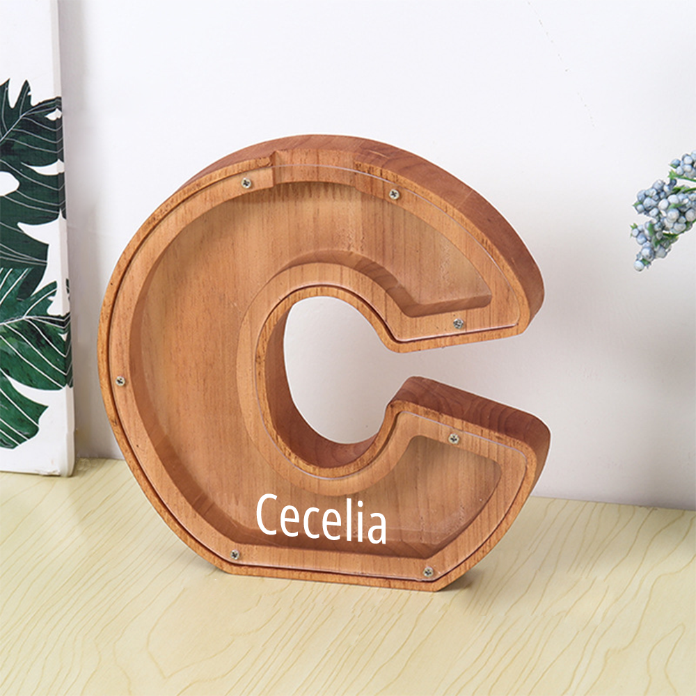 Personalized 26 Letters Piggy Bank Custom Name Wooden Money Box