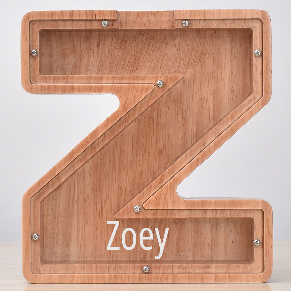 Custom Engraved Name Oak Wooden Letter Piggy Bank